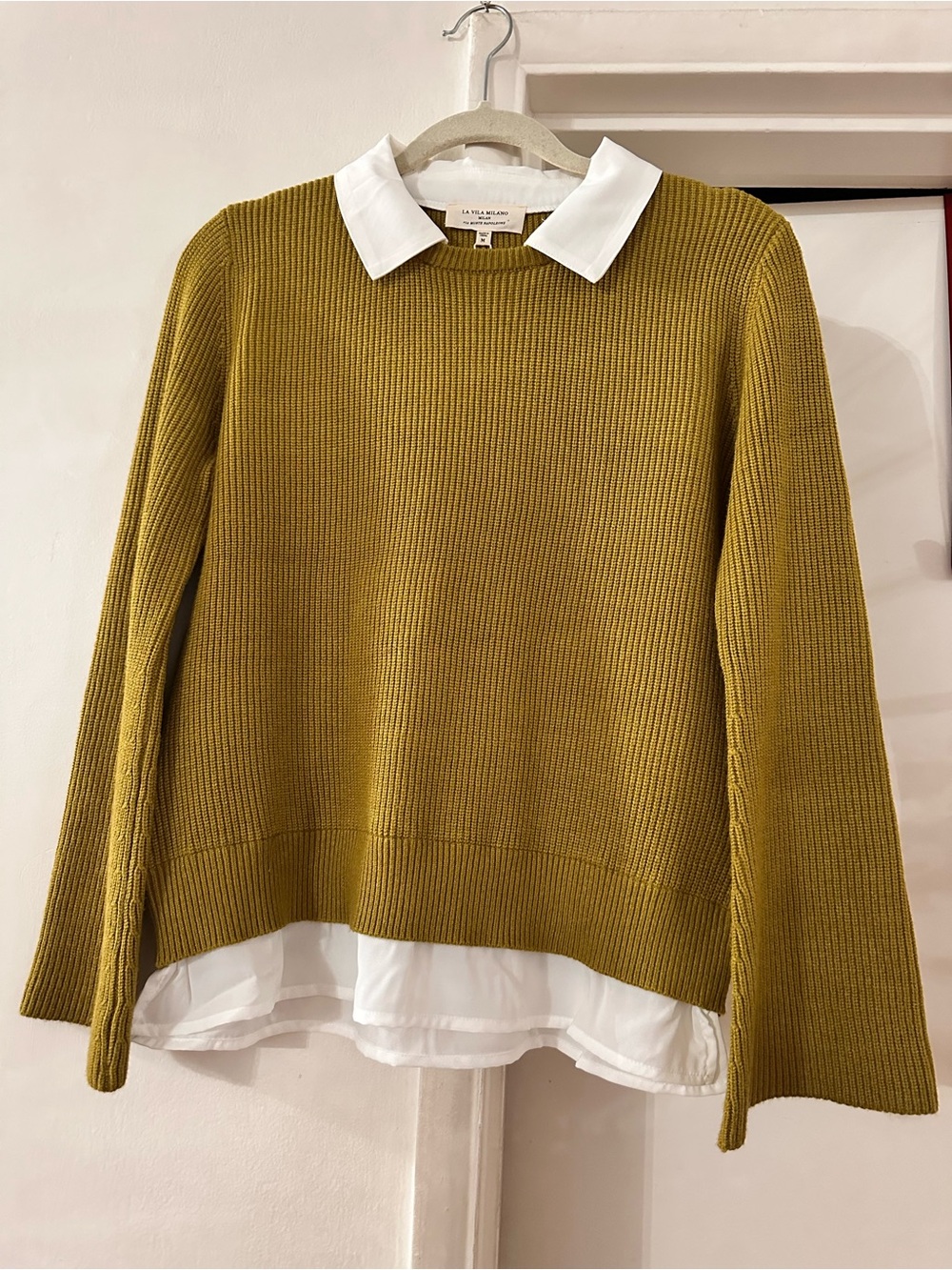 Olive Green Crewneck Sweater with Built-In White Shirt Detail